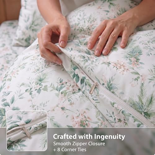100% Cotton Pink Floral Duvet Cover Queen Size – Green Botanical Duvet