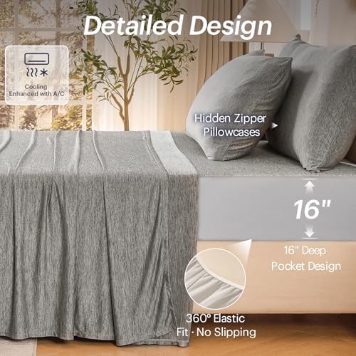 OMERAI 4PCS Cooling Sheet Set Queen Size, Breathable Bed Sheets, Grey