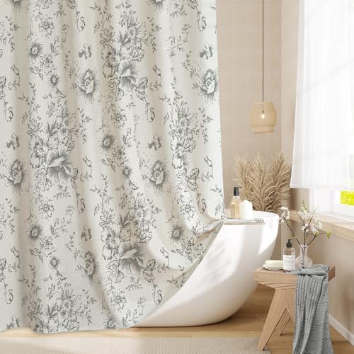 Grey Floral Linen Shower Curtain, Cottagecore French Country, 72x72