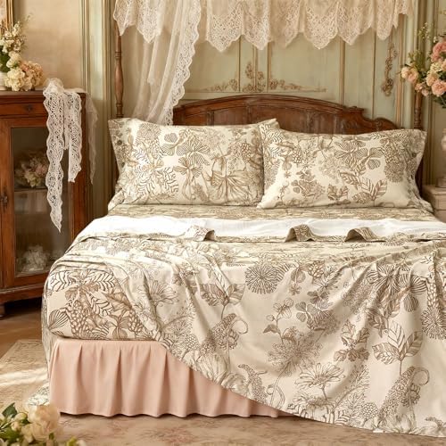 Zusbest Beige King Size Sheets 400TC 100% Brushed Cotton Flannel-Like