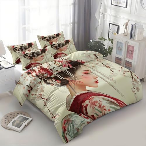 King Duvet Cover Set Japanese Geisha Flowers Soft Microfiber