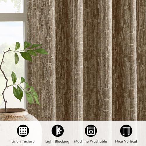 MIULEE Patterned Farmhouse Linen Curtains, Back Tab, 52Wx96L, Brown