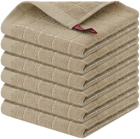 Homaxy 100% Cotton Terry Kitchen Dish Cloths, 6 Pack, Tan