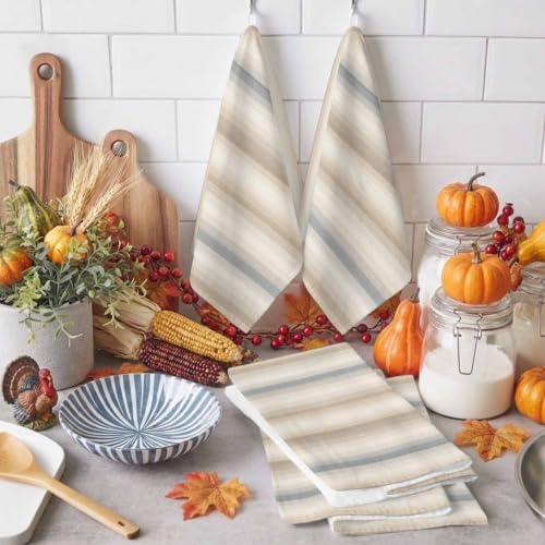 Creamy Beige Stripes Kitchen Towels Set of 3, Gray Taupe Ombre Lines