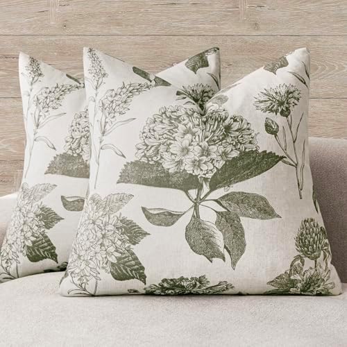 Foindtower Decorative Linen Floral Throw Pillow Cover 20×20 Inch,Sage