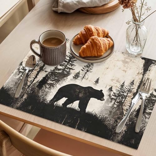 Placemats Set of 8, Black Beige Rustic Bear Woven Placemat, Linen