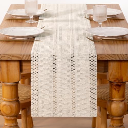 DeZerlor Ivory Farmhouse Table Runner 90Inch Woven Linen Dining Runner