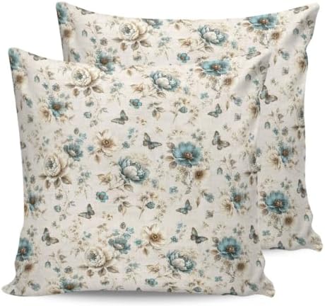 Vintage Tulip Throw Pillows 18x18 Set of 2, Teal Flowers Butterfly