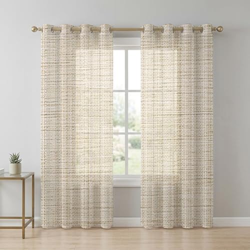 Brown Sheer Curtains 96 Inch Long 2 Panels, Linen Texture Modern