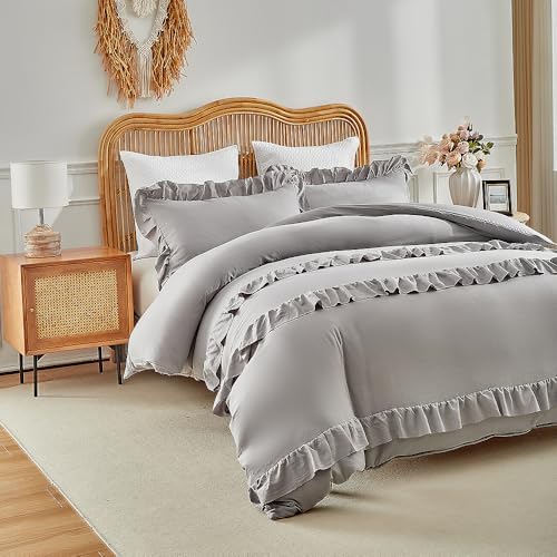 Gray Ruffle Duvet Cover King Boho Shabby Chic Ruffled 3 Piece Bedding