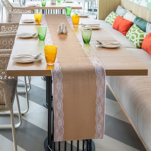 Hortsun 12 Pcs Burlap Table Runners White Lace 12 x 108
