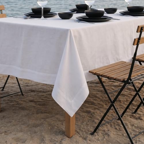 Solino Home 100% Pure Linen Tablecloth White Rectangular, Fete 60 x