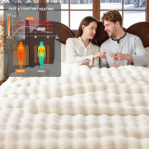 Fluffy Faux Fur Heated Blanket King Size,Cream,90"x100"