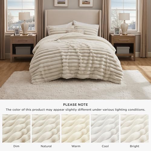 Bedsure Faux Fur King Comforter Set, Striped Fluffy Bedding Sets Beige
