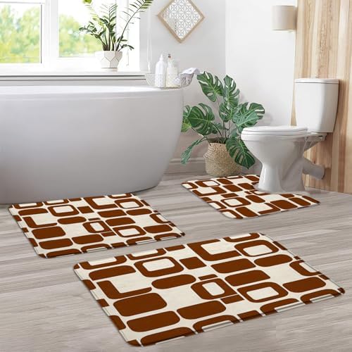 4 Piece Memory Foam Bath Mat Set,Brown Geometric Mid Century Boho