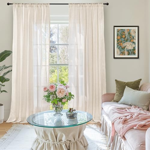 BGment Oatmeal Semi Sheer Line Curtains for Living Room 84 Inch Length