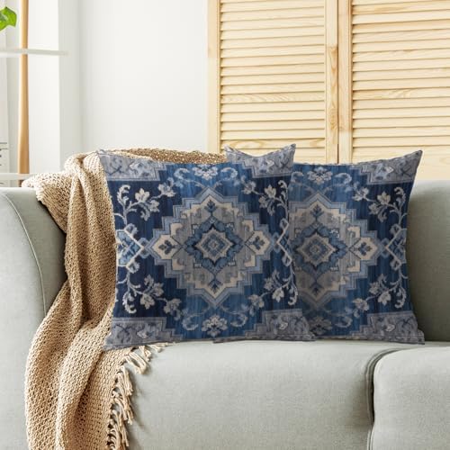 Boho Pillow Covers 20x20 Inch Set of 2 Navy Blue Vintage Floral Carpet