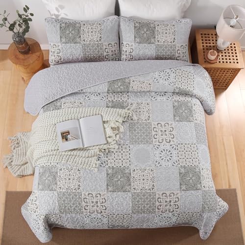 Dobuyly Queen Size Quilt Set Boho Grey Beige Plaid Patchwork