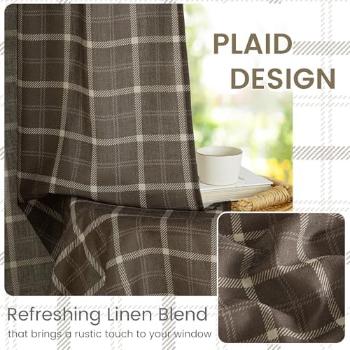 NICETOWN Taupe Plaid Print Linen Gingham Curtains 96 inches Long