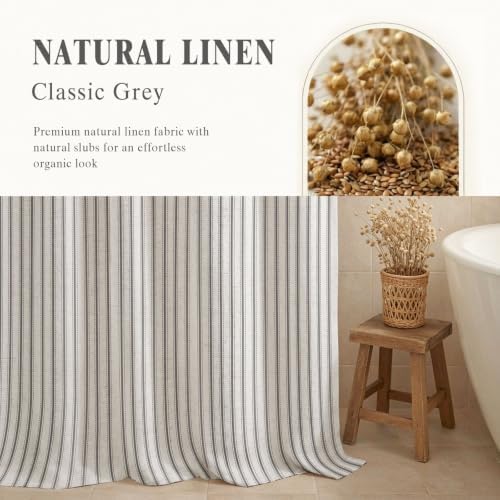 Farmhouse Striped Shower Curtain Grey Vintage Linen Curtain 72"W X