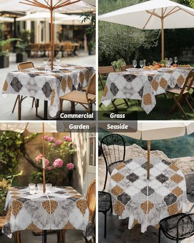 Outdoor Tablecloth with Umbrella Hole and Zipper Brown Damask Pattern
