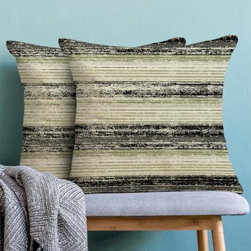 Boho Pillow Covers 18x18 Set of 2 Geometric Sage Green Black Stripe