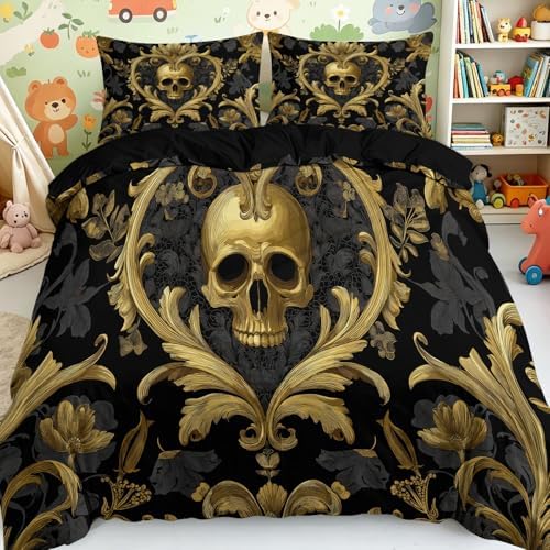 California King Duvet Cover Set Gothic Style Skull with Gold