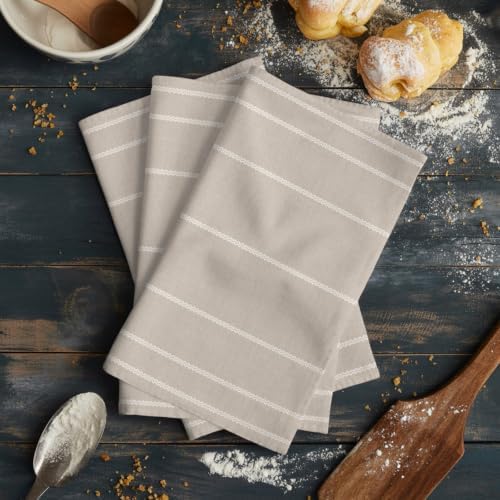 Beige Striped Kitchen Towels Set of 3, Water Absorbent Dish Towel