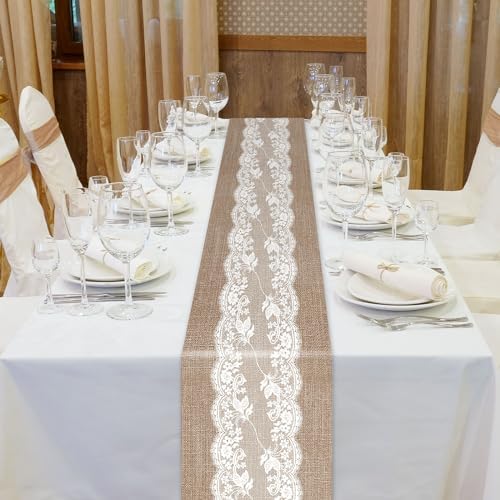Newwiee 12 Pack Plastic Table Runner 14 x 108 Inch Natural Burlap