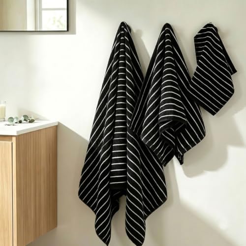 Jacquotha 8 Piece Black Towels Set for Bathroom, Striped, Cotton
