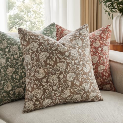 Vintage Floral Pillow Covers 18x18 Set of 2, Dahlia Botanical Block