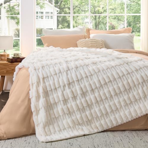 BEDELITE Faux Fur Cream Twin Blanket Soft Plush Striped for Couch