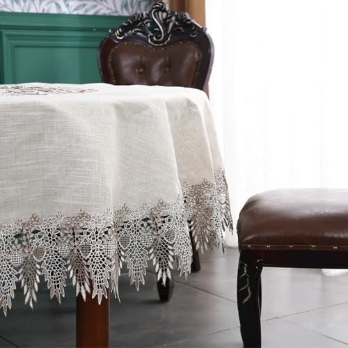 Beydodo Linen Table Cloth Round Cover 70 inch, Solid Color with Lace