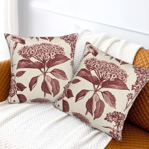 Burgundy Red Floral Pillow Covers 18 x 18 Inch Set of 2 Vintage