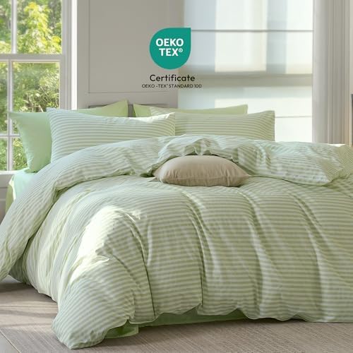 JELLYMONI 100% Cotton Printed Striped Cal King Duvet Cover Set, Sage