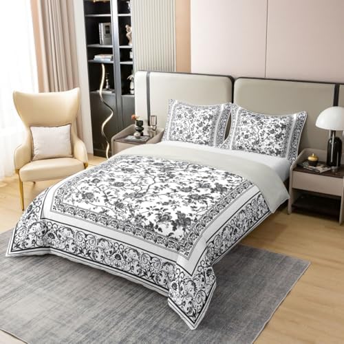 jejeloiu Floral Duvet Cover 100% Cotton Queen Size Gray Flowers