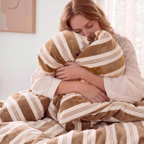 Merryword Khaki Striped Duvet Cover Set King Size,Soft Plush