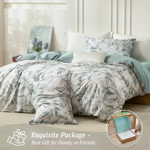 MILDLY Sage Green Leaves Duvet Cover Set 3pcs for All Season Queen