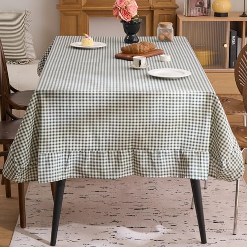 vctops Farmhouse Green Plaid Ruffle Table Cloth, Boho Cotton Linen