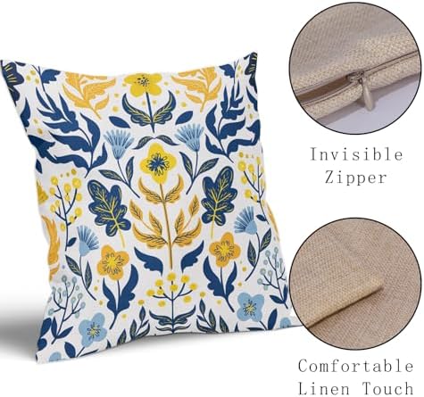 Blue Yellow Teal Floral Pillow Covers 22x22 Set of 2 Flower Flower