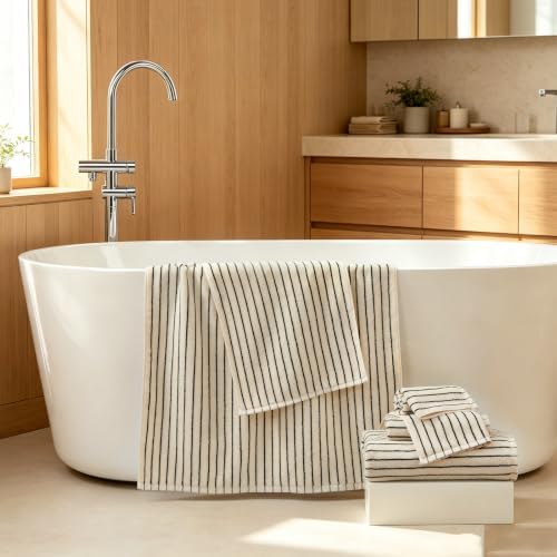 Black Striped Bath Towels Set Cotton for Bathroom Shower Decor 6 PCS
