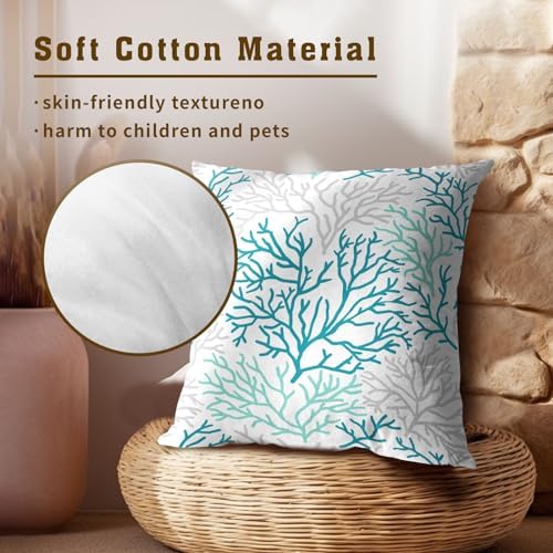 Coastal Coral Throw Pillow Covers 20x20 Inch, 2Pcs Light Blue Summer