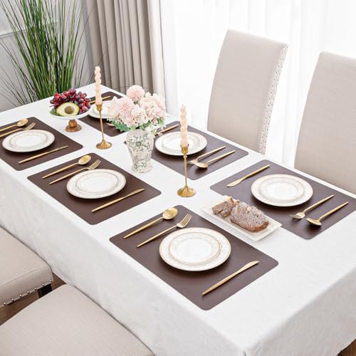 SHACOS Vinyl Placemats Set of 6 Faux LeatherPlace Mat, Chocolate Brown