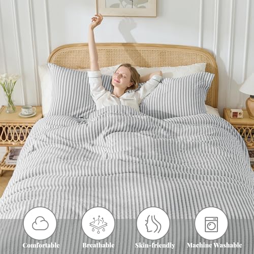 MILDLY Jacquard Striped Duvet Cover Set 3pcs Dual Zipper Grey King