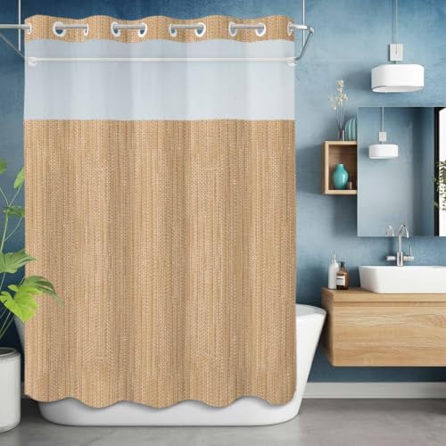 Beige Linen Texture Shower Curtains Set Rustic Solid Color Backdrop No