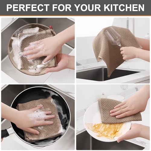 Kitinjoy 100% Cotton Waffle 6-Pack Kitchen Towels, 12" x 12", Tan