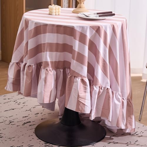 Beige and Khaki Striped Round Tablecloth 70 Inch Boho Ruffle Velvet