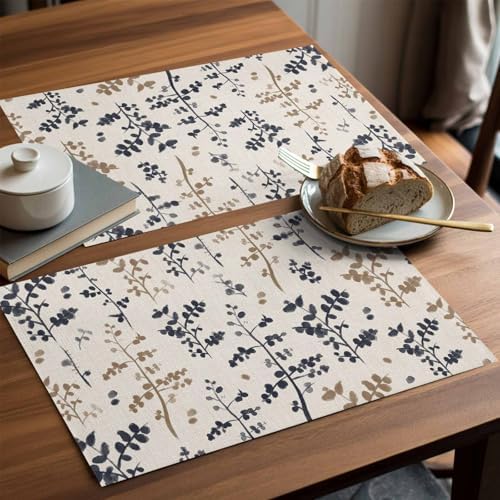 Placemats Set of 8, Grey Brown Botanical Woven Placemat, Linen Place