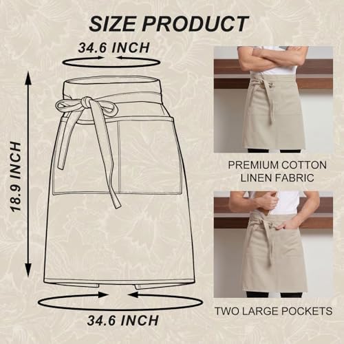 Half Apron for Women Men Cotton Linen with 2 Large Pockets Waist Short