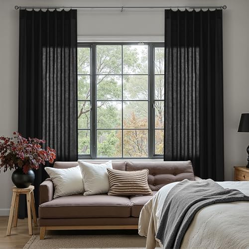 Black Pinch Pleated Linen Curtains 84 inches Long 2 Panels for Living